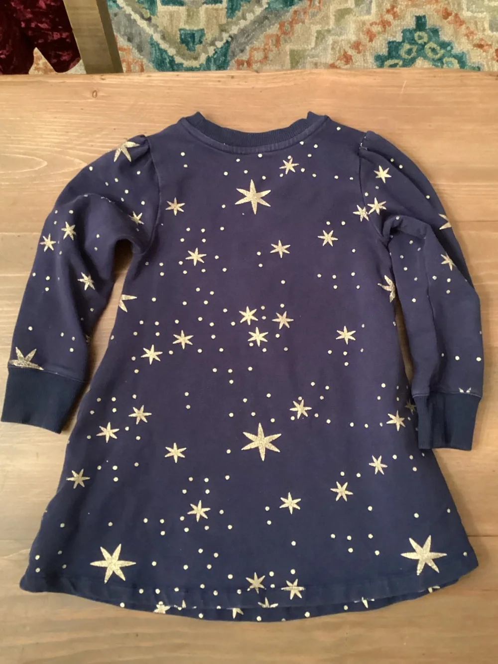 HANNA ANDERSSON GIRLS SIZE 4 NAVY FRENCH TERRY DRESS WITH GOLD FOIL STAR PRINT